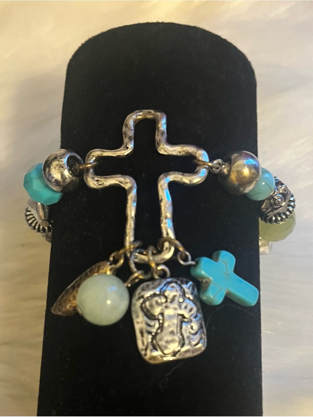 Turquoise and Silver Cross Charm Stretch Bracelet